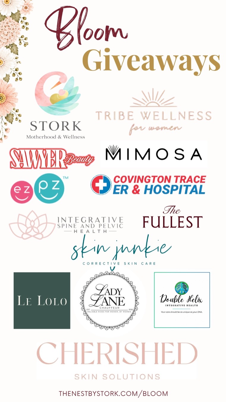 Logos of the businesses donating Bloom giveaways, including STORK Motherhood & Wellness, Tribe Wellness for Women, Sawyer Beauty, Mimosa, Covington Trace ER & Hospital, and Cherished Skin Solutions