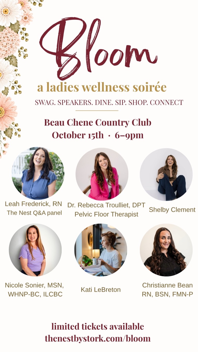 Bloom speaker lineup: Leah Frederick, RN (The Nest Q&A panel), Dr. Rebecca Troulliet, DPT, pelvic floor therapist, Shelby Clement, Nicole Sonier, MSN, WHNP-BC, ILCBC, Kati LeBreton, and Christianne Bean, RN, BSN, FMN-P