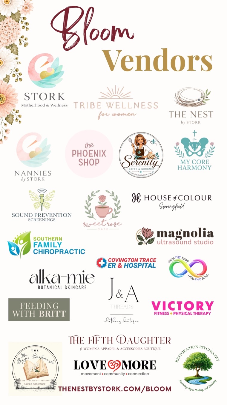 Logos of the Bloom vendors, including STORK Motherhood & Wellness, Tribe Wellness for Women, The Nest by STORK, Nannies by STORK, My Core Harmony, Magnolia Ultrasound Studio, and more local wellness and boutique businesses